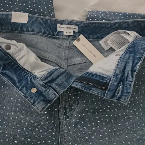 NWT Anthropologie Good American Good Ease High-Rise Rhinestone Wide-Leg Jeans 27 - Picture 8 of 11